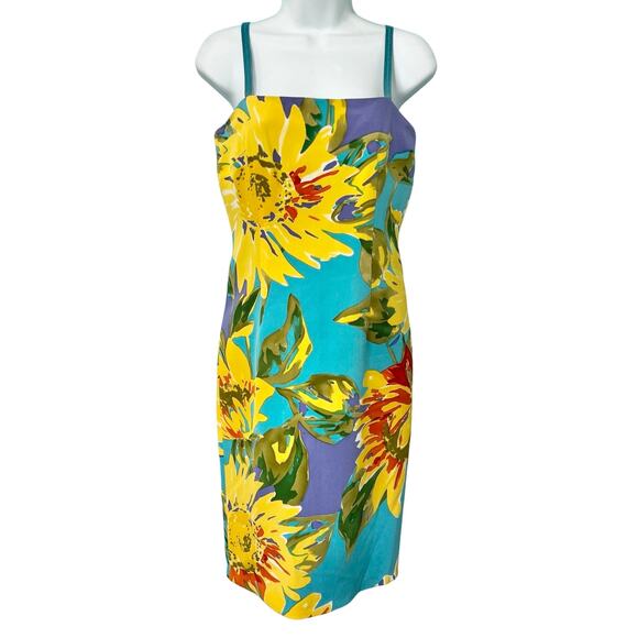 David Meister Yellow Blue Purple Sunflowers Floral Sheath Sleeveless Dress sz 4 - Picture 1 of 13